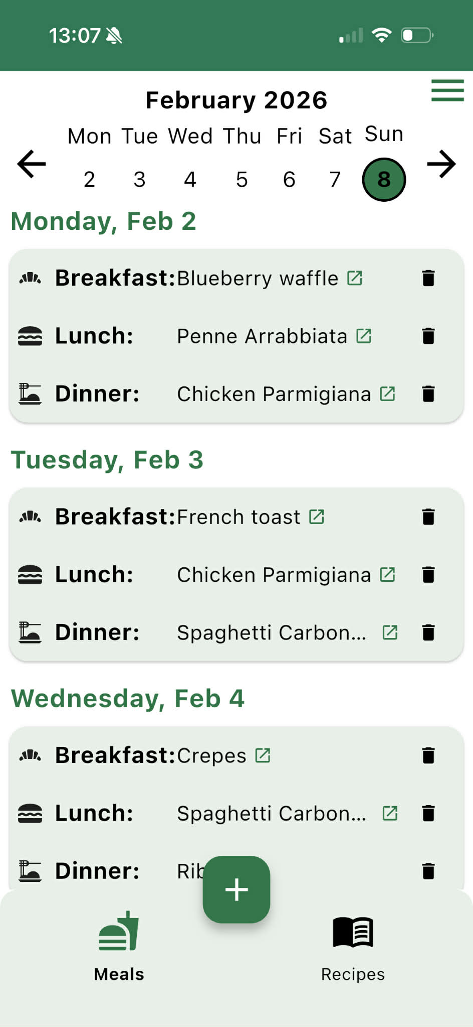 Plan My Plate meal planning screen